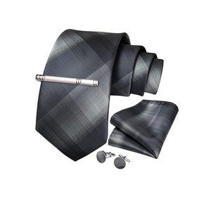 Men's Silk Tie + Pocket Square + Cufflinks + Tie Clip 4 Piece Set